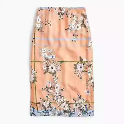 J Crew Size 2 Slip Midi Pencil Skirt Grid Floral Print Orange White Viscose Slit • $39.99