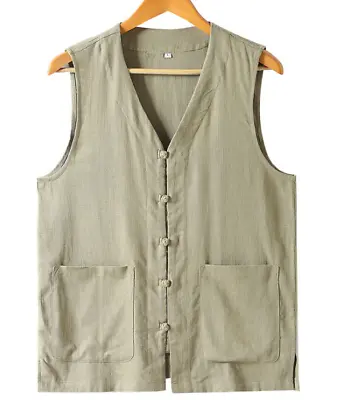 Mens Sleeveless Retro Style Vest Waistcoat Cotton Linen Button Pocket Casual Top • £30.46