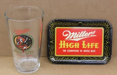 Vintage Miller HIGH LIFE Beer Glass Lady On The Moon &  Miller Tin Tip Tray • $17