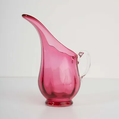 Pink Glass Pitcher Elongated Spout W/Clear Applied Handle Vase Rose Cranberry  • $18.95