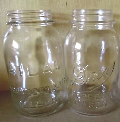 VINTAGE Lot 2~MASON QUART GLASS CANNING JARS~DREY PERFECT & ATLAS STRONGSHOULDER • $5.99