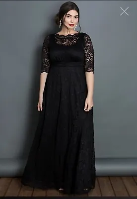 Kiyonna Dress Leona Lace Gown 1X 14-16 Black Long Elbow Sleeve Pockets Empire • $49.99