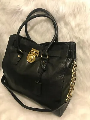 Michael Kors Large Black Leather Hamilton Satchel Shoulder Bag With Lock And Key • $75