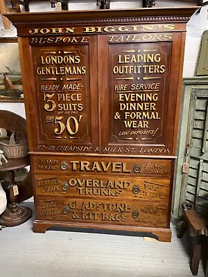 Early Victorian Sign Written Gents Outfitters Mahogany Linen Press • £3350