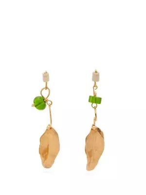 NIB Marni Ceramic Glass Drop Golden Leaf Clip On Asymmetrical Earrings $490 • $280