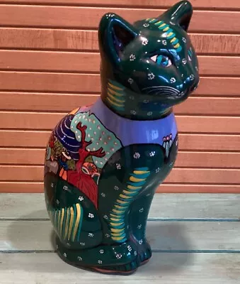 Vintage Talavera Mexican Folk Art Pottery Hand Painted Forest Green Cat 7.5” • $22