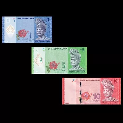 Set 3 PCS Malaysia 1 5 10 Ringgit P51-53 Banknotes UNC • $7.99