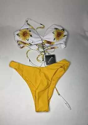 Zaful Bikini Braided Straps Lace Up Set Bralette Swimsuit SunFlower Suit Sz 6 • $11