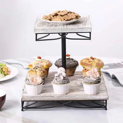 Whitewashed Wood 2 Tier Cupcake Holder Stand With Vintage Black Metal Wire Trim • £44.34