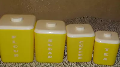 Vintage Yellow Lustro-Ware COLS Plastic Corp Flour Sugar Coffee Tea Canister Set • $30