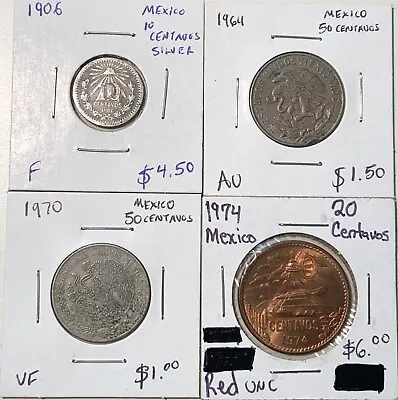 Mexico Coin Lot: 1906- 10 Centavos 1964 & 1970- 50 Centavos & 1974- 20 Centavos • $13