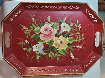 Vintage Hand Painted Tole Reticulated Floral Metal Serving Breakfast In Bed Tray • $49.99