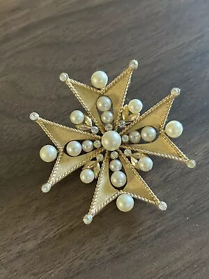 TRIFARI Goldtone Large Maltese Cross Brooch Pin Imitation Pearl Rhinestone • $90