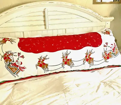 49x19 Vintage Christmas Tablecloth Fabric BED PILLOW SLIPCOVER ~Santa & Reindeer • $64.80