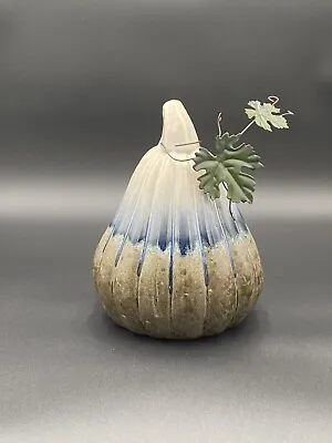 Pottery Gourd Pumpkin With Metal Vine White And Blue Fall Autumn Decor • $24