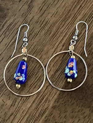 Vintage Millefiori Murano Glass Blue Flowers Gold Tone Dangle Hook Earrings RARE • $24.99