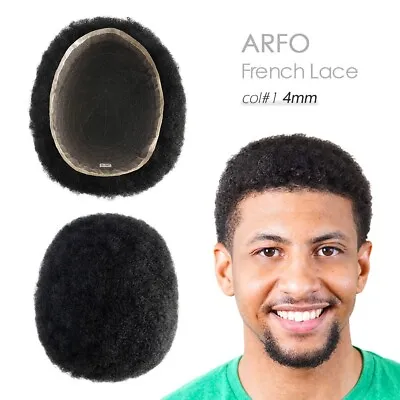 Mens Toupee Hair Replacement Afro Curls Hair System Wig French Lace Black Hair • £149.99
