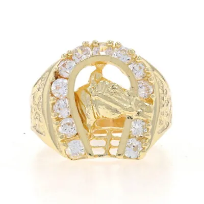 Yellow Gold Cubic Zirconia Equestrian Horse Men's Ring -14k Rnd .96ctw Horseshoe • $449.99