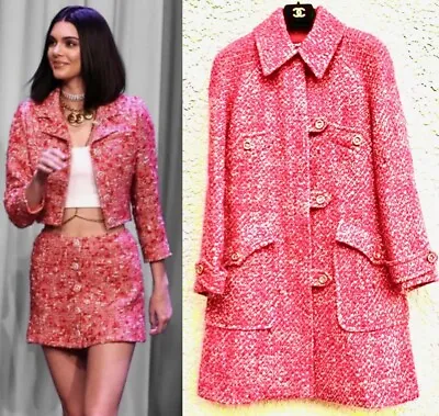 $2375 • Buy Chanel Vintage 2001 Barbie Red Pink Tweed V Long Coat 34 36 2 4 6 Top Jacket S M