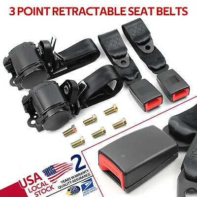 2 Pack Black Universal 3 Point Retractable Adjustable Car Safety Seat Belt Kit • $41.88