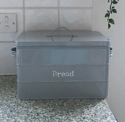 Grey Metal Bread Bin Kitchen Vintage Retro Style Storage Canister Box With Lid • £22.80