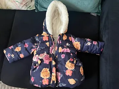 Baby Girls Winter Coat 9-12 Months Hooded Floral • £5.50