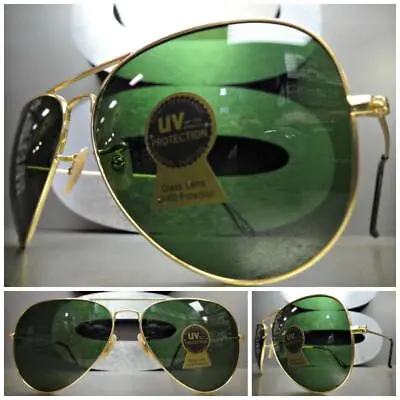 Mens Or Women CLASSIC VINTAGE RETRO Style SUNGLASSES Gold Frame Green Glass Lens • $14.99