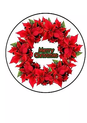 Edible Decor Icing Sheet Merry Christmas Poinsettia Wreath For 7.5  Circle Cake • £2.99