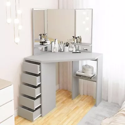 Corner Makeup Vanity Desk With MirrorMakeup Desk With 5 Sliding Drawers & Stora • $78