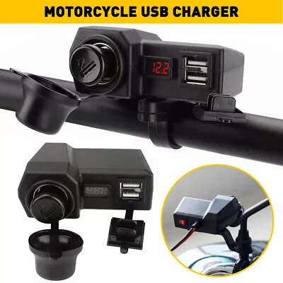 Motorcycle Handlebar Dual USB Phone Charger Cigarette Lighter Socket Universal • $13.99