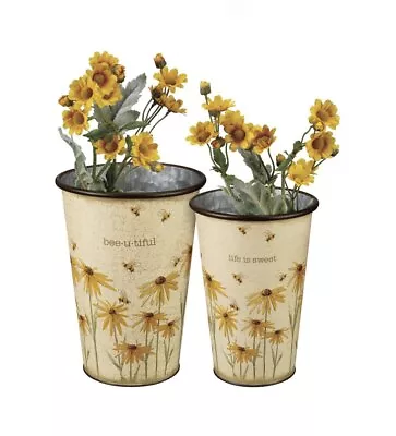 Set Of 2 Bucket Set Flower Vase 'bee-u-tifle   Life Is Sweet  Galvanized Metal • $33.24