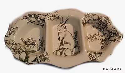  Rabbit Toile Green  Vegetable Divided Serving Relish Snack  Dish By J. Willfred • $16.50