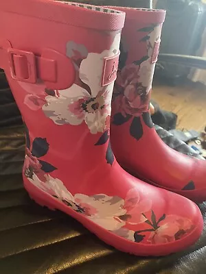 Joules Rain Boots  9  Pink  Floral Calf High Rubbe • $18