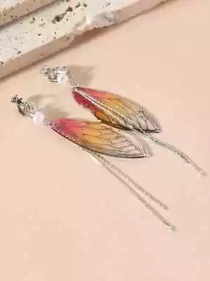 Butterfly Wings Clip-On Drop Earrings Red & Orange & Faux Pearl & Silver Strands • $20.26