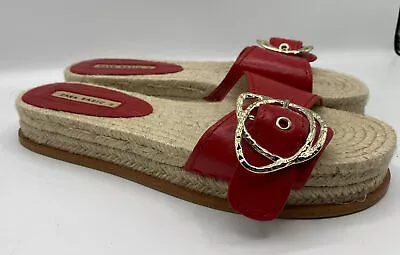 ZARA Sandals Red Leather With Woven Jute Platform US 7.5 Strap Buckle Slides • $29.99