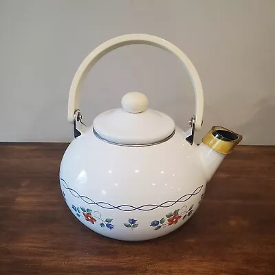 Vintage White Enamel Floral Tea Kettle Pot  • $15