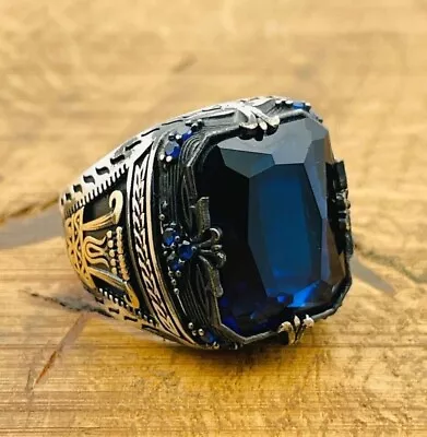 Mens Sterling Silver Ring Blue Sapphire Zircon Stone Ring 925K Mens Jewelry • $48