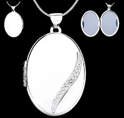 9ct White Gold Diamond Wave Oval Locket 17 X 13mm Hallmarked + 46cm Chain NEW • £149