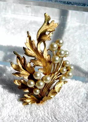 Vintage Crown Trifari  Gold Tone Faux Pearl Berry Cluster Leaf Brooch Pin #523 • $58