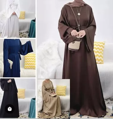 £20.99 • Buy Stylish Womens Ladies Plain Satin Abaya With Pockets Belt Tie, 50 52 54 56 & 58
