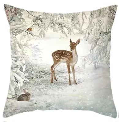 Deer Stag Forest Winter Christmas Linen Throw Pillow Cover Holiday Home Decor • $13.08