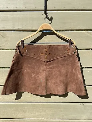 Vintage 70s Skirt  Leather Suede Mini Flare Side Lace Tie Brown Mexico • $199