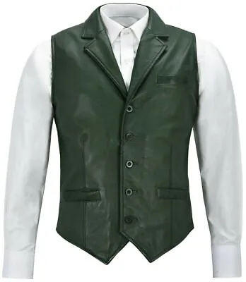 Green Genuine Men Leather Western Vest Coat Jacket Lambskin Waistcoat Button • $160