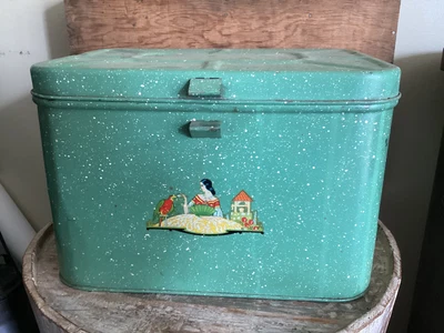 $40 • Buy Vintage Tin Green Splatter Metal Retro Vented Bread Box Art Deco Lady Bird Decal