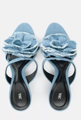 New Zara FLORAL HIGH HEELED DENIM SANDALSSize 8USColor Denim Blue  • $39.99