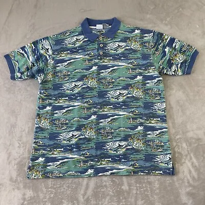Vintage Ocean Pacific Polo Shirt XL Blue Floral AOP Hawaiian OP Surfer Beach SS • $16.27