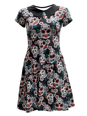 Gothic Day Of The Dead Sugar Skulls Web Rose Print Rockabilly Collar Swing Dress • £29.99