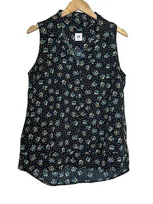 CAbi 3440 Blouse Black Floral Button Down Tunic Top  Sleeveless Womens Medium • $16.90