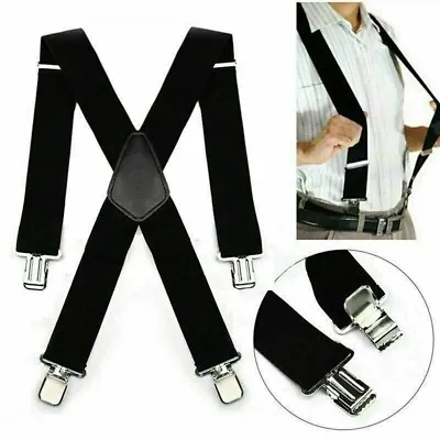 $5.99 • Buy Mens Braces Suspenders Black 50mm X Back Heavy Duty Biker Snowboard Trousers