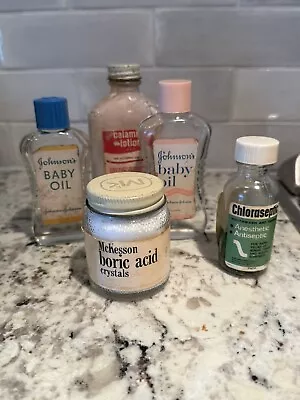 Lot Of 5 Vintage Glass Jars Baby Oil/chloraseptic/calamine Lotion/mckesson Boric • $7